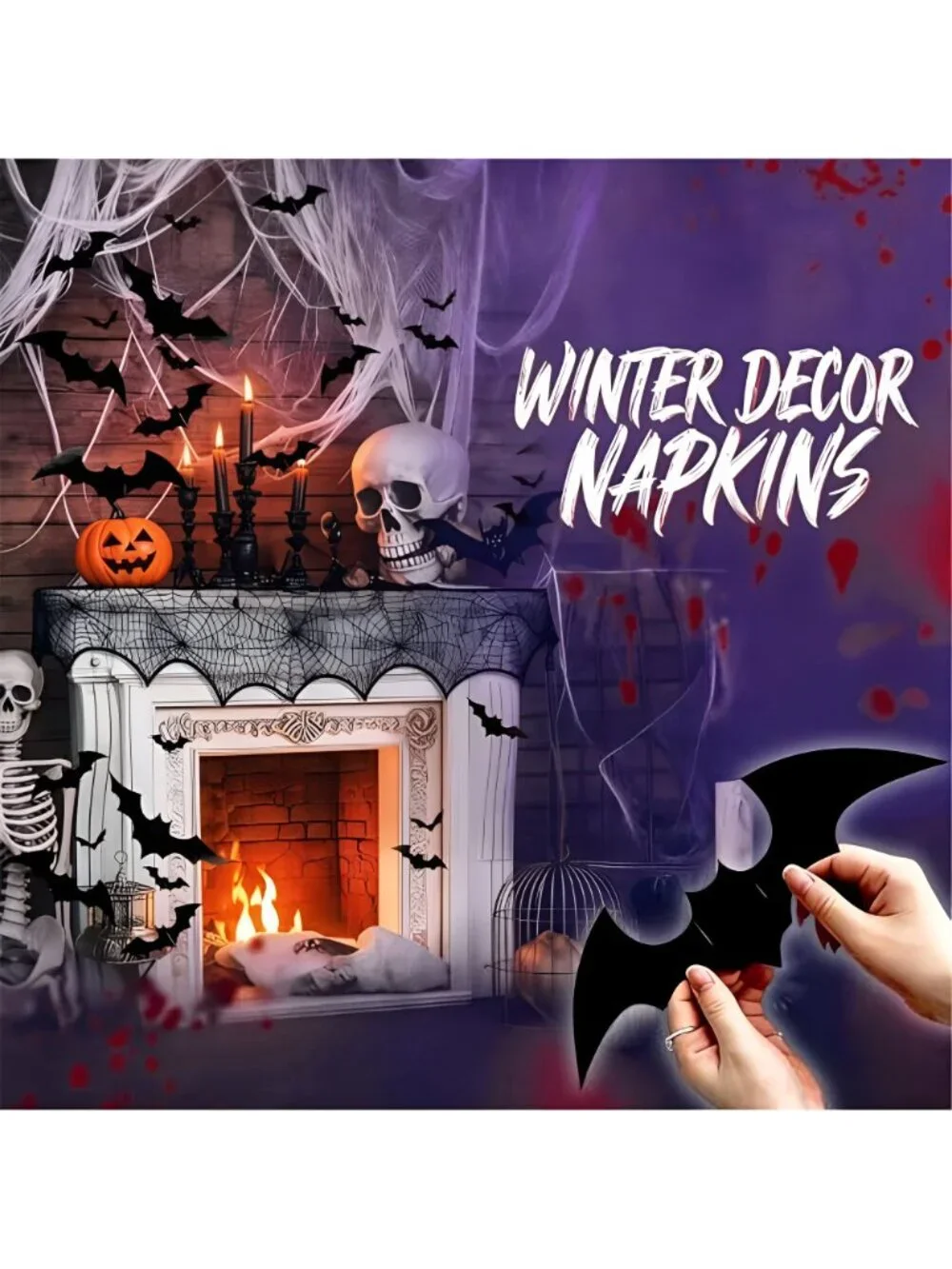 61 Pcs Halloween Mantel Decor Set, with Spiderweb Cover and Bat Stickers